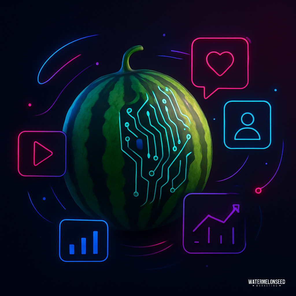 A watermelon with a digital circuit pattern, surrounded by neon icons for video, heart, user, and analytics on a dark background, visually representing patient source tracking in a vibrant tech-inspired style.