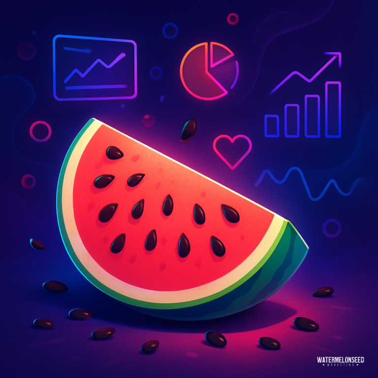 A slice of watermelon with scattered seeds is shown against a dark background, surrounded by neon icons of charts, a pie graph, and a heart—hinting at often overlooked dental metrics.