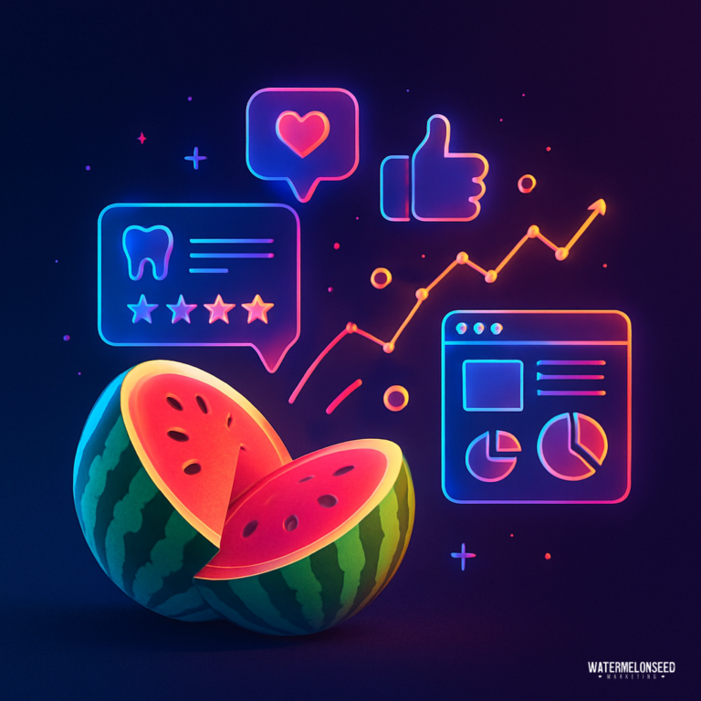 A stylized watermelon is set against a dark background with neon icons of charts, graphs, a heart, and a thumbs up, representing data, patient decision factors, and social engagement.