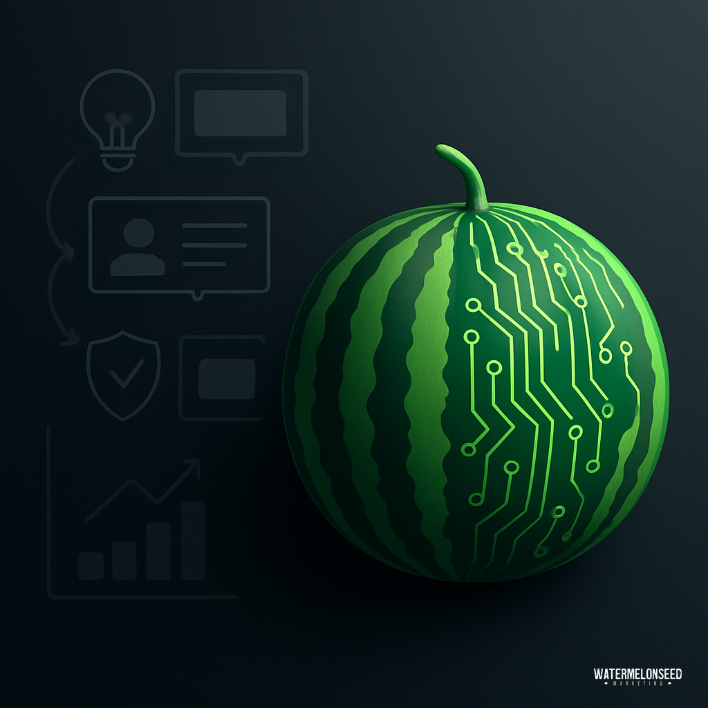 A watermelon with a circuit board pattern on its surface is displayed against a dark background with faint digital icons and graphs, symbolizing What Your Patient Journey could look like in a tech-driven healthcare future.