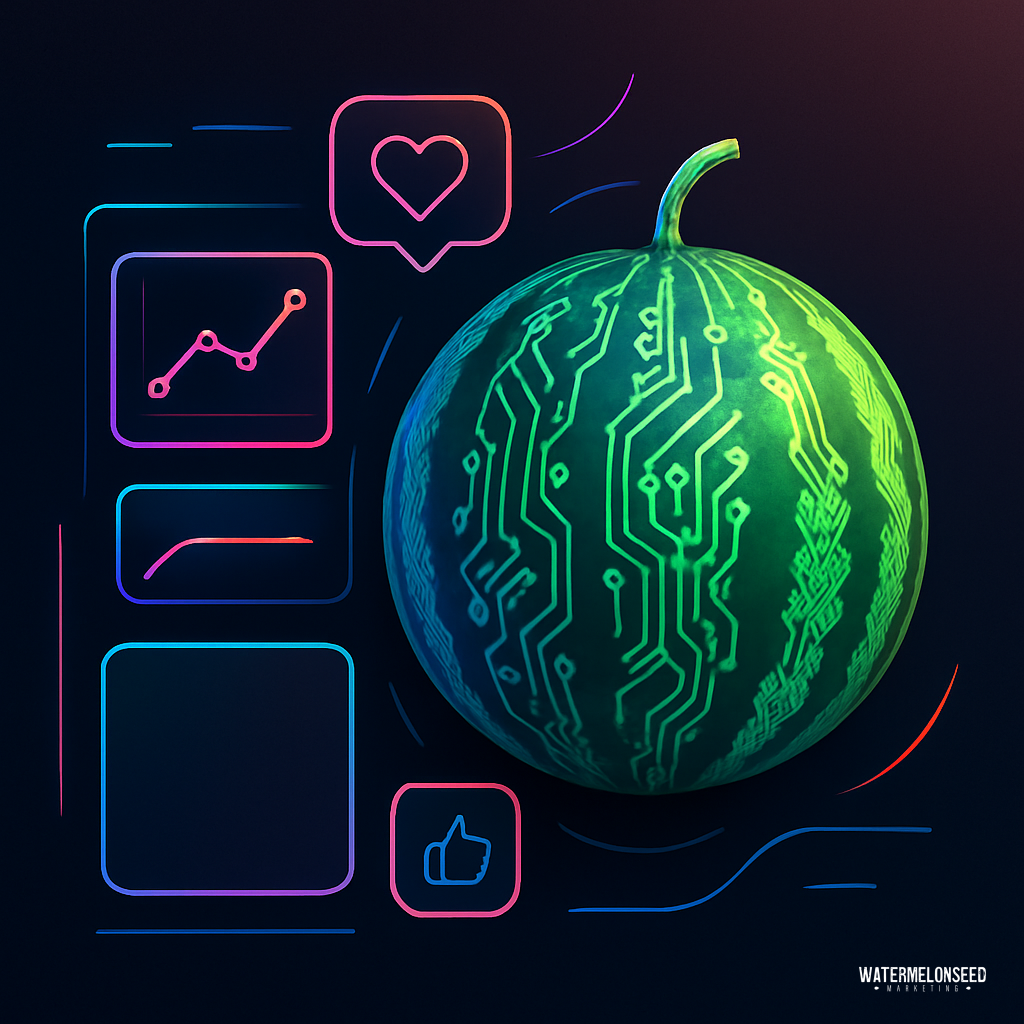 A watermelon with a circuit board pattern is surrounded by neon digital icons, including charts, a heart, and a thumbs-up symbol—capturing the dynamic energy of patient loss analysis.