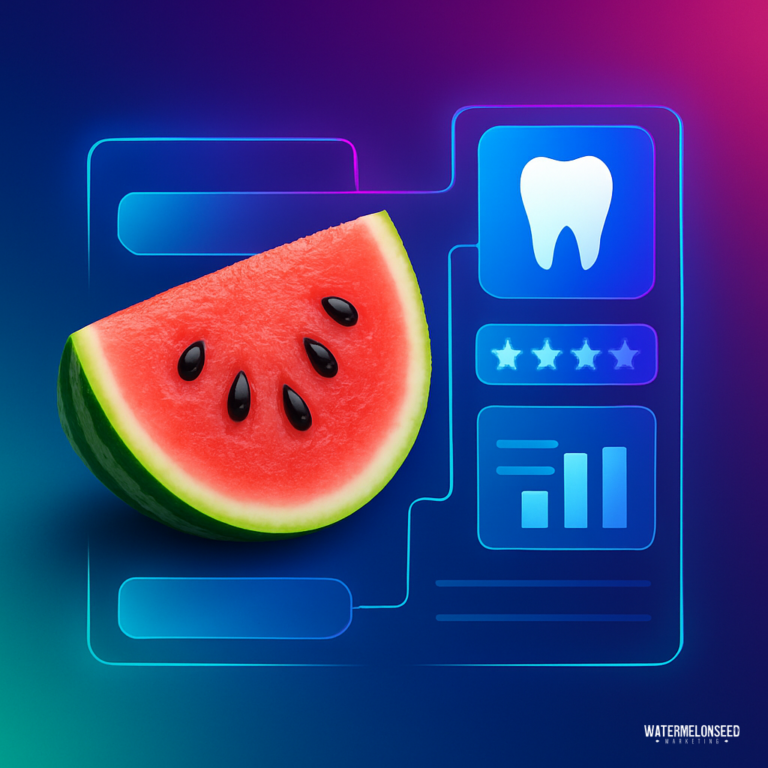 A slice of watermelon is displayed in front of a digital dental health profile featuring a tooth icon, rating stars, charts, and patient comparison on a blue gradient background.