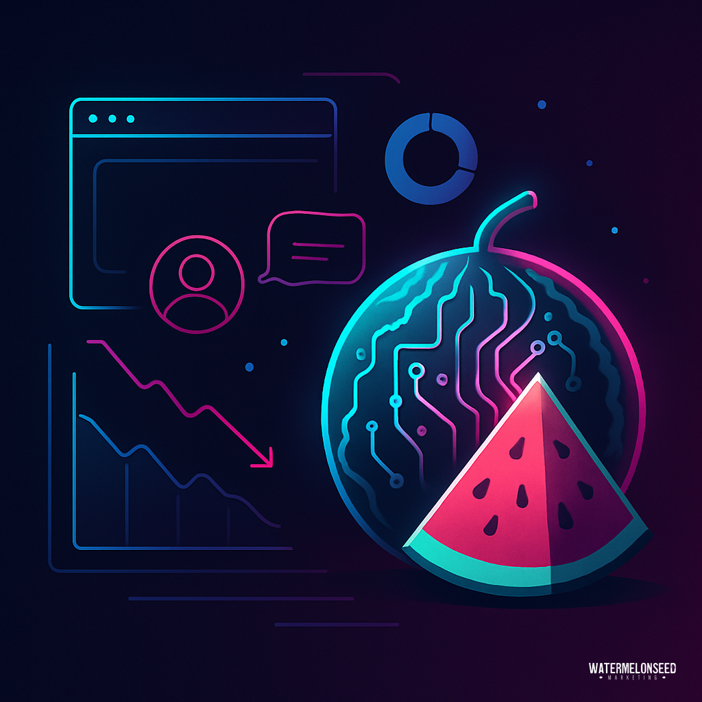 Digital illustration of a watermelon with circuitry patterns, a slice, graphs, and user interface icons, symbolizing technology and analytics—ideal for visualizing website abandonment reasons creatively.