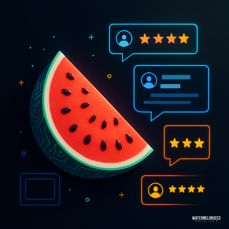 A digital illustration of a watermelon slice surrounded by neon mortgage reviews icons, rating stars, and comment bubbles on a dark background.