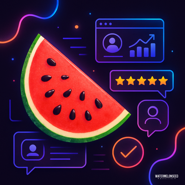 A slice of watermelon is surrounded by neon icons, including charts, user profiles, and check marks on a dark background—highlighting why reviews matter more with a standout five-star rating.