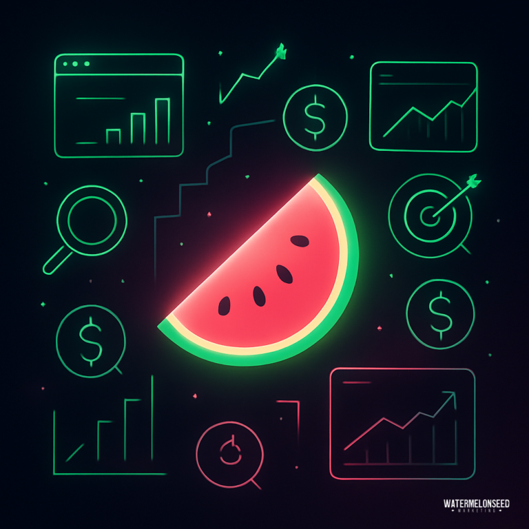 A stylized watermelon slice is surrounded by neon finance and analytics icons, including graphs, magnifying glasses, and dollar signs, illustrating the vibrant contrast between SEO vs PPC advertising on a dark background.