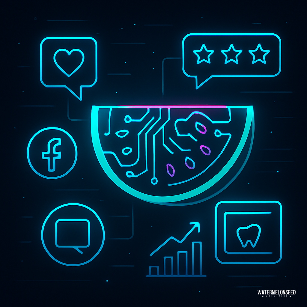 Neon digital illustration of a watermelon slice with circuit patterns, surrounded by social media, chat, rating, graph, and tooth icons—highlighting key touchpoints for patients in a connected ecosystem.