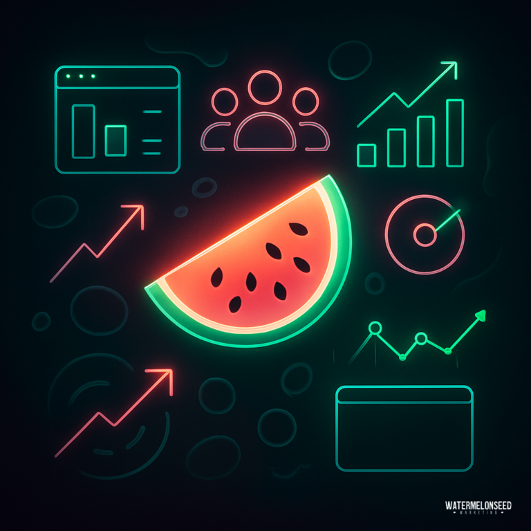 A neon-style illustration of a watermelon slice surrounded by icons representing data charts, graphs, lead tracking, and people on a dark background.