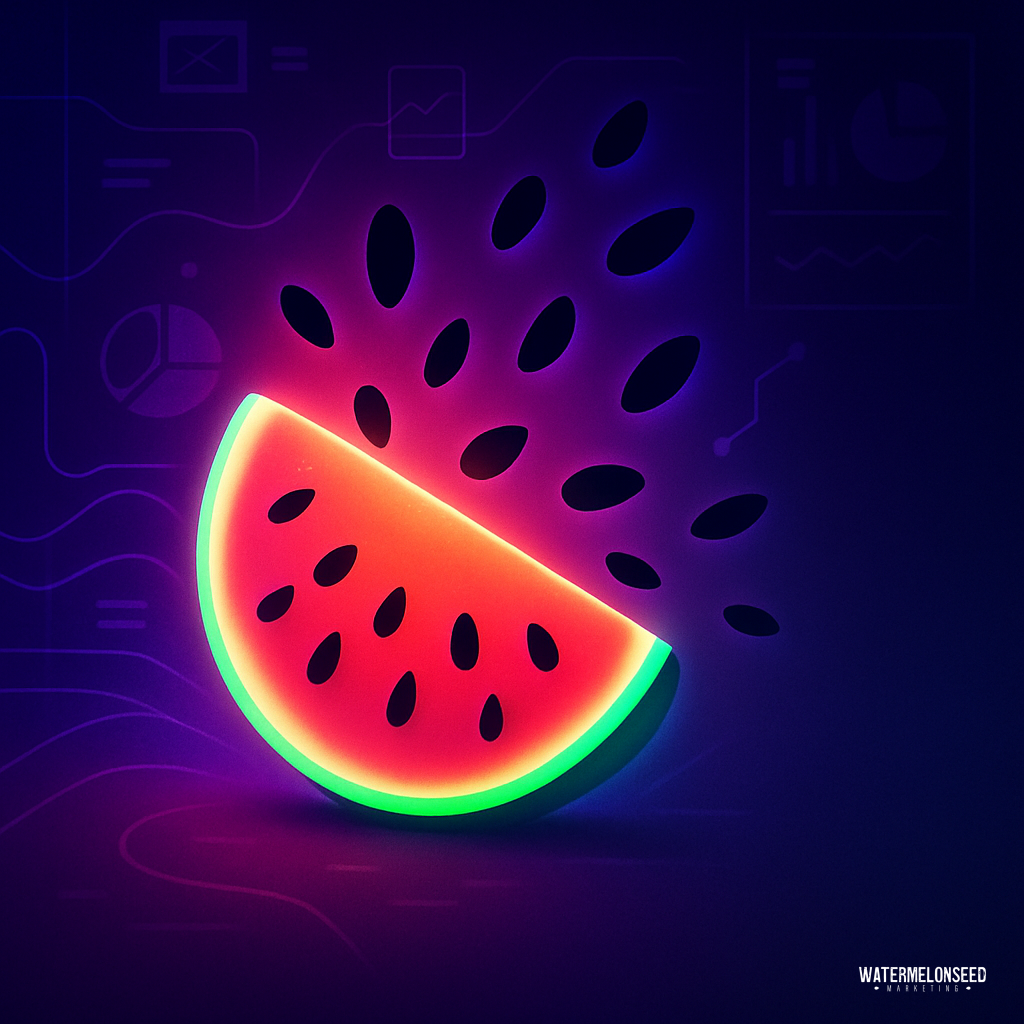 A neon-glowing watermelon slice with black seeds sits on a dark, abstract background featuring faint digital charts and graphs—an image that captures the curiosity of The Customer You Never.