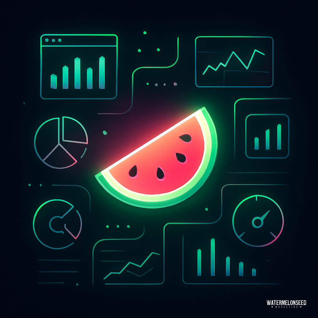 A neon watermelon slice is centered among glowing digital data charts and graphs, highlighting the power of performance analytics tools for digital marketing on a dark background.
