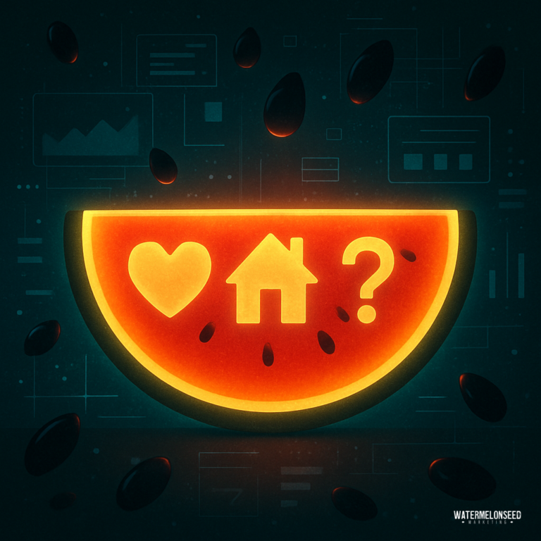 A glowing watermelon slice with icons of a heart, house, and question mark in the center symbolizes The Family Decision Making, surrounded by floating seeds and abstract data graphics in the background.
