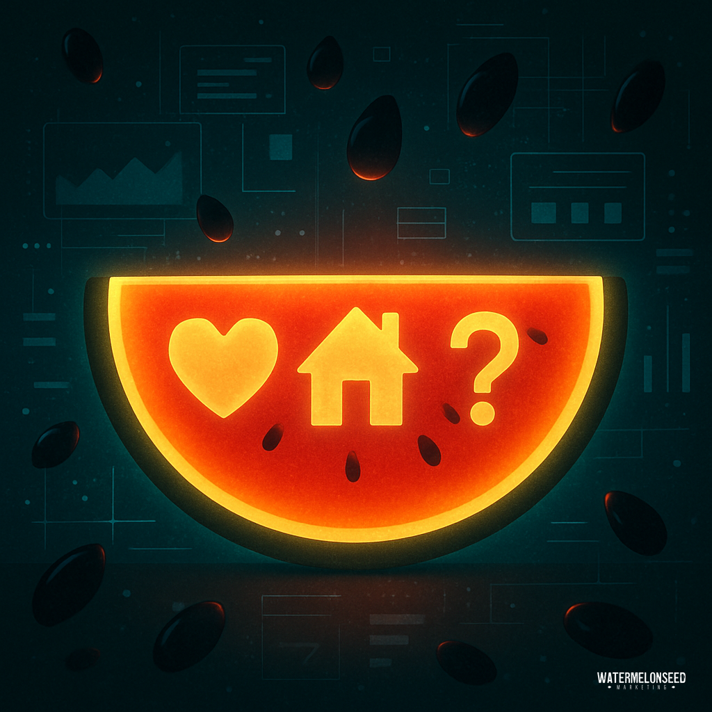 A glowing watermelon slice with icons of a heart, house, and question mark in the center symbolizes The Family Decision Making, surrounded by floating seeds and abstract data graphics in the background.