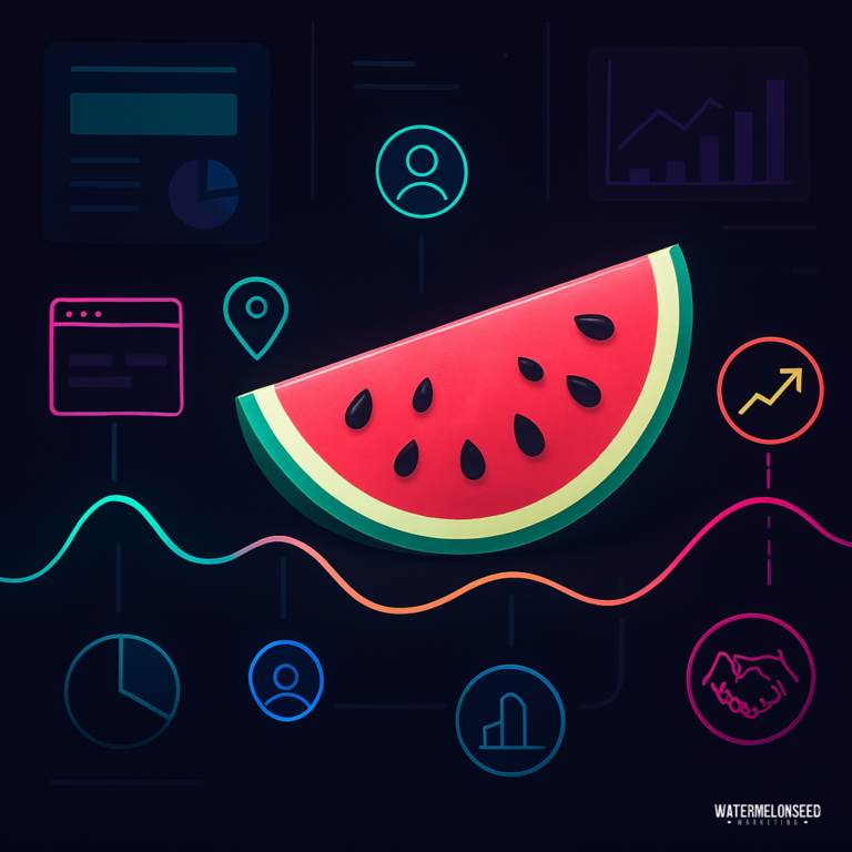A stylized watermelon slice surrounded by digital icons representing charts, graphs, and user profiles illustrates key moments in the client journey on a dark background.