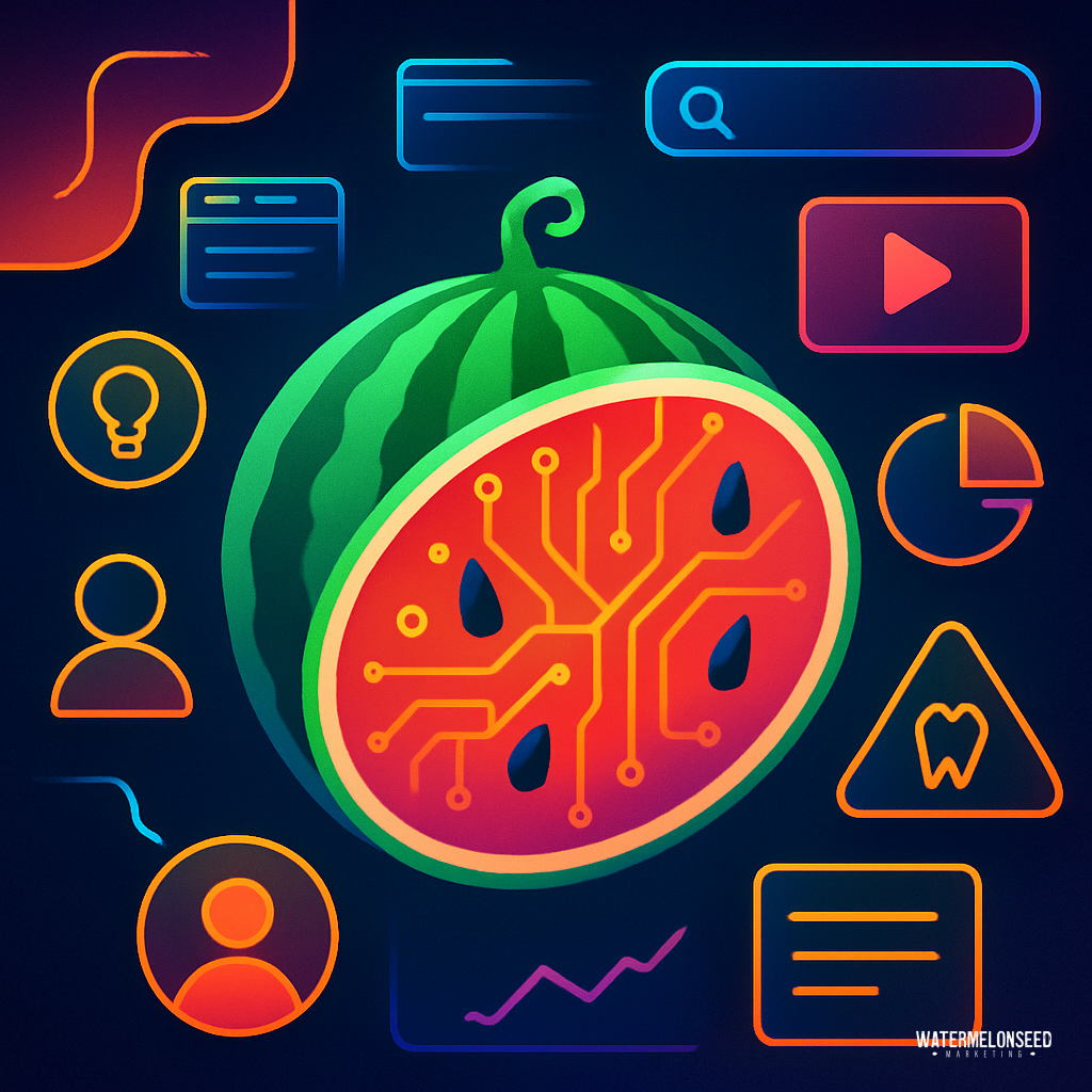 A watermelon with circuit patterns on its flesh is surrounded by various digital and technology-themed icons, symbolizing The Modern Patient Journey, all set against a dark background.