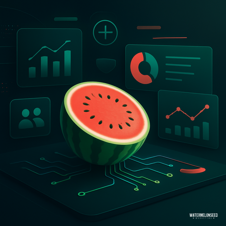 A halved watermelon sits on a digital circuit board, surrounded by data charts and graphs on screens in the background, symbolizing "The Patient You Never"—where technology meets unexpected insight.