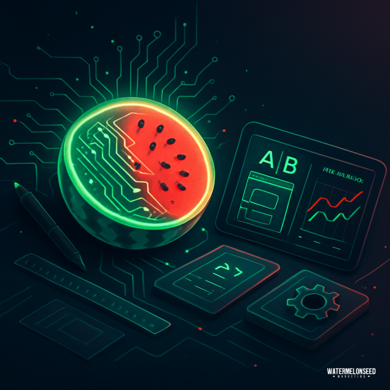 Half a watermelon with circuit patterns sits among digital interface elements, charts, and graphs on a dark background, symbolizing creative strategies for how to improve website conversions.