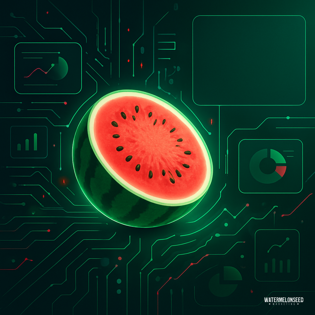 A glowing watermelon half is centered on a digital circuit background, with data and graph icons displayed around it, symbolizing strategies for improving website conversion rates.