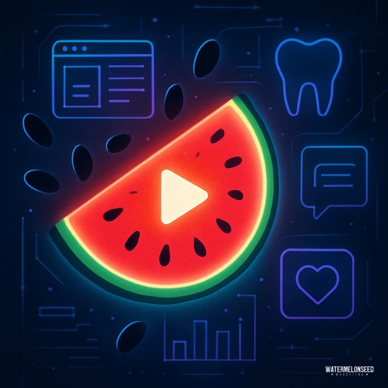 A glowing watermelon slice with a play button at the center, surrounded by digital icons—including a tooth, chat bubbles, heart, and graphs—showcases Frisco dental advertising services on a dark background.