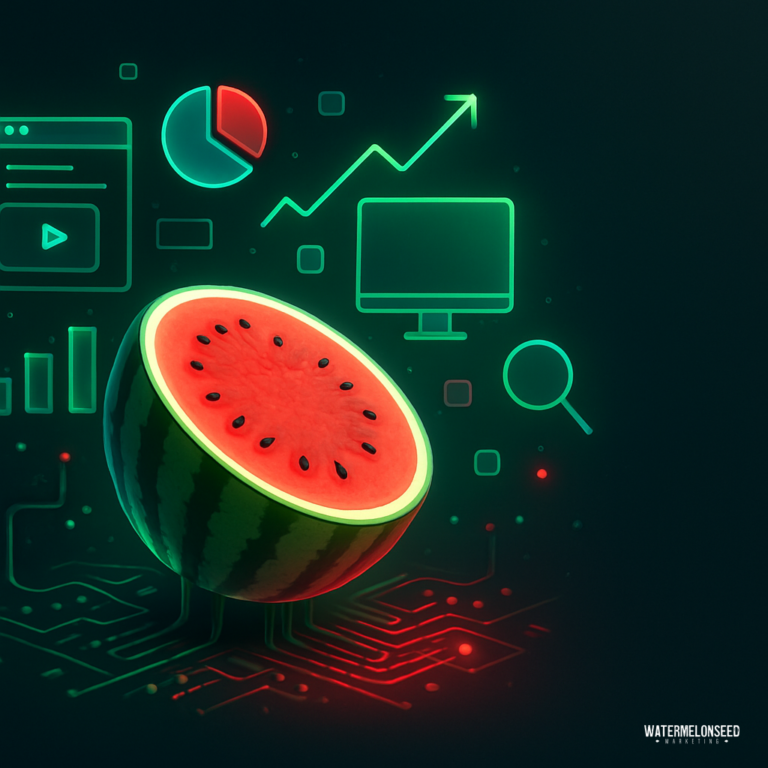 A digital illustration of a watermelon half surrounded by neon data and tech icons, symbolizing how thousands of families are embracing the fusion of technology and fruit.