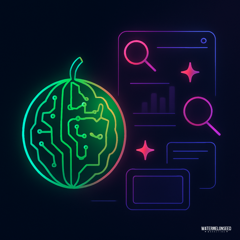 Neon outline of a watermelon half with a circuit board pattern, alongside digital icons of graphs, magnifying glasses—like when choosing a dentist—and rectangles on a dark background.