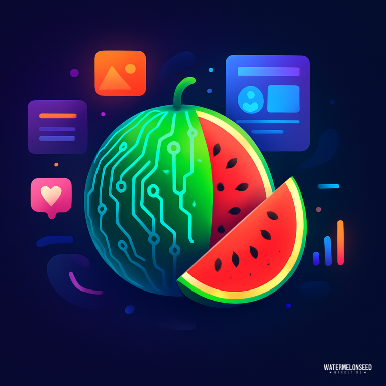 A stylized watermelon with circuit patterns is shown alongside digital app icons, symbolizing technology, social media integration, and affordable content writing services.