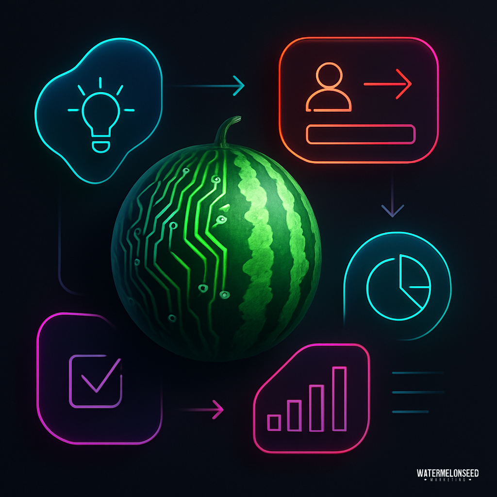 A watermelon with circuit patterns on its surface is surrounded by neon business and technology icons, including graphs, a lightbulb, a checkmark, and profile symbols—evoking themes of innovation and tracking patient journey.