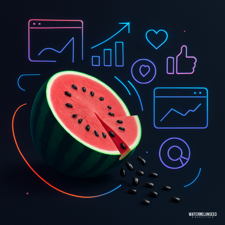 A sliced watermelon with scattered seeds is shown against a dark background, surrounded by neon social media and analytics icons, representing the concept of marketing ROI.
