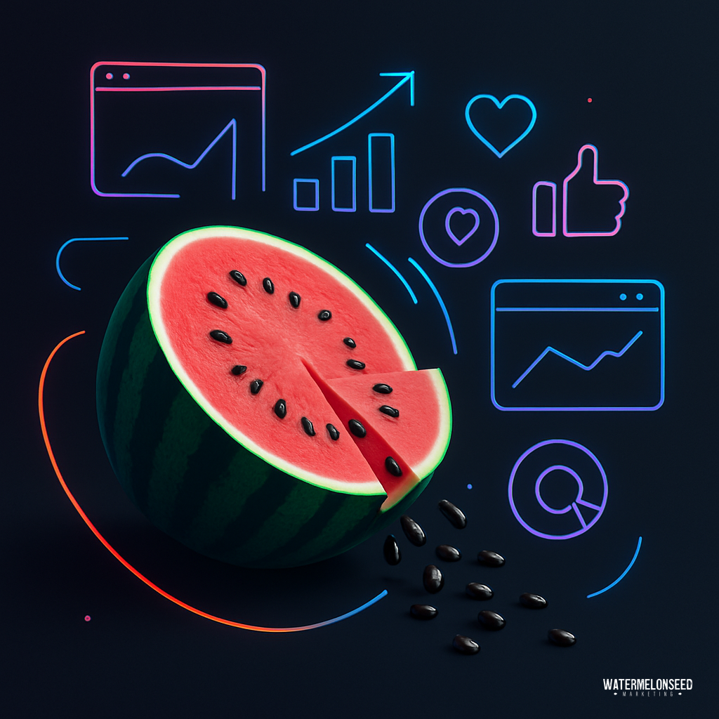 A sliced watermelon with scattered seeds is shown against a dark background, surrounded by neon social media and analytics icons, representing the concept of marketing ROI.