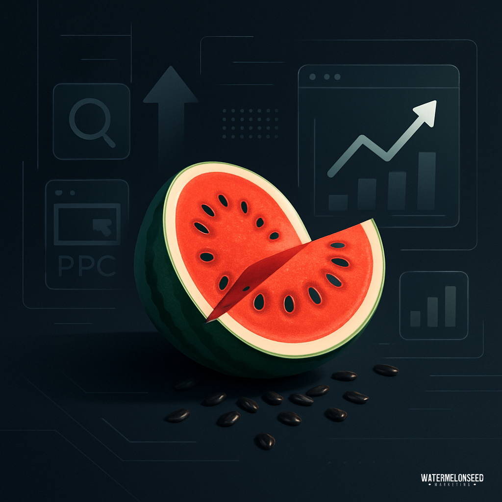 A sliced watermelon with scattered seeds is set against a dark background featuring digital marketing icons, upward-pointing graphs, and subtle references to SEO vs PPC advertising.