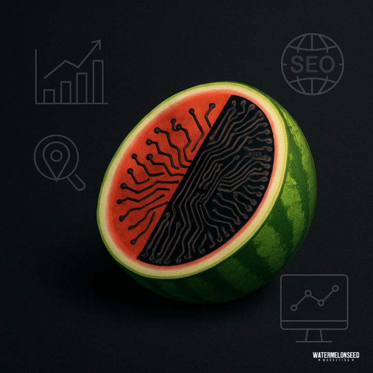 A watermelon half with circuit-like patterns on the red interior, surrounded by digital marketing, Frisco dental advertising services, and SEO icons on a dark background.