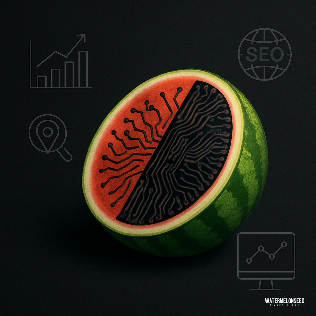 A watermelon half with circuit-like patterns on the red interior, surrounded by digital marketing, Frisco dental advertising services, and SEO icons on a dark background.