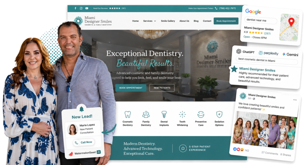 A man and woman stand smiling in front of a dental clinic website for Miami Designer Smiles, highlighting their digital marketing success with social media posts, reviews, and a notification for a new lead. A man and woman stand smiling in front of a dental clinic website for Miami Designer Smiles, highlighting their digital marketing success with social media posts, reviews, and a notification for a new lead.
