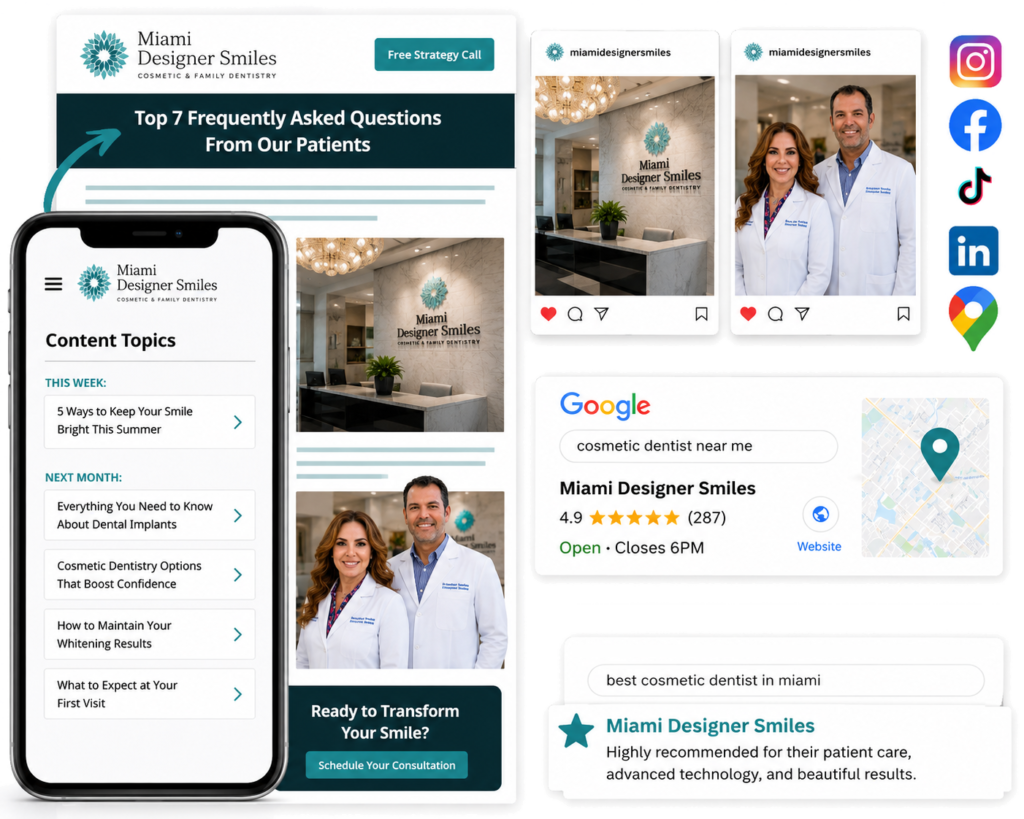 A collage showcasing Miami Designer Smiles’ website design, social media, Google rating, content creation topics, and two dentists posing together in their dental office. A collage showcasing Miami Designer Smiles’ website design, social media, Google rating, content creation topics, and two dentists posing together in their dental office.
