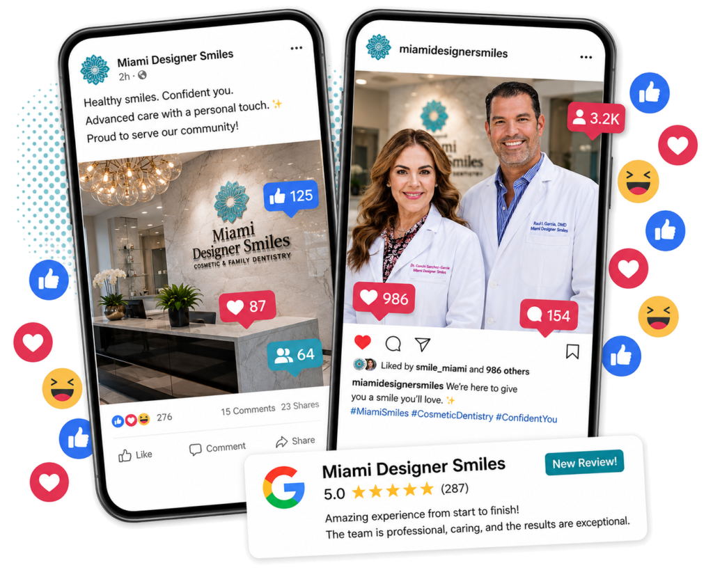 Two smartphones display Miami Designer Smiles social media posts featuring two dentists and their office, highlighting their website design. Various reaction emojis and a 5-star Google review appear around the phones.