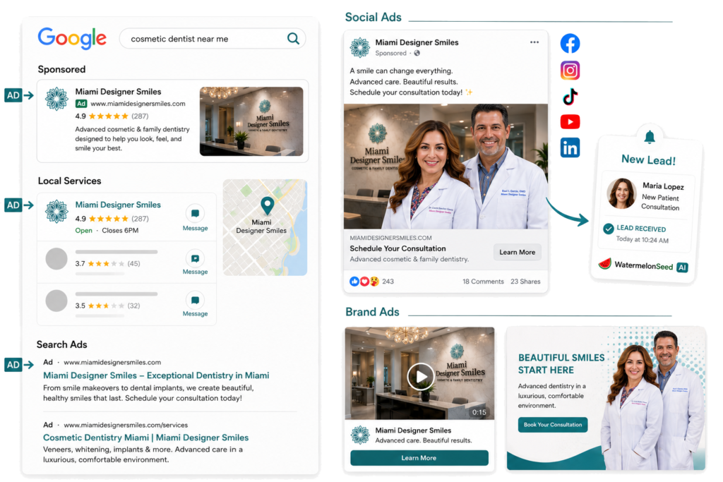 A digital layout showing Miami Designer Smiles’ online dental ads across Google results, social media, and branded display ads, highlighting customer reviews and a new lead notification—perfect for effective small business marketing. A digital layout showing Miami Designer Smiles’ online dental ads across Google results, social media, and branded display ads, highlighting customer reviews and a new lead notification—perfect for effective small business marketing.