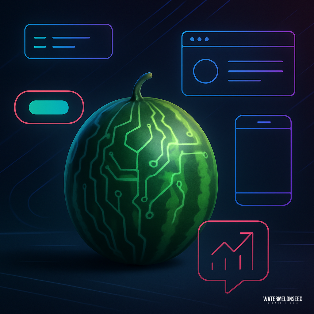 A watermelon with a glowing circuit pattern sits among digital interface icons, including a button, chat bubble, and smartphone outline—symbolizing seamless service call conversion—against a dark background.