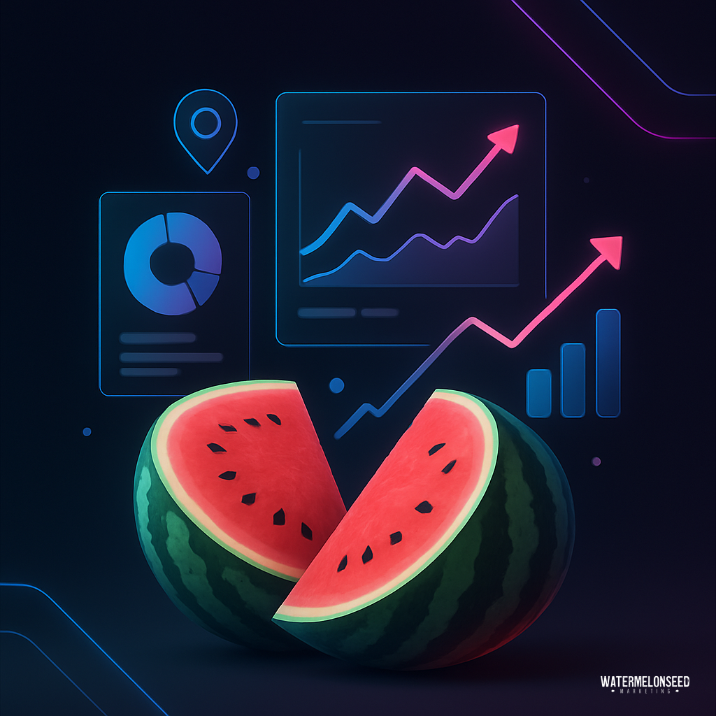 A sliced watermelon in front of glowing charts and graphs, representing website traffic analysis with a neon, digital theme.