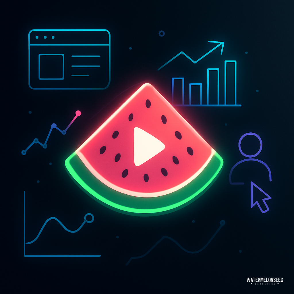 A neon watermelon slice with a play button in the center, surrounded by icons of charts, graphs, website conversion tracking, a webpage, and a user symbol on a dark background.
