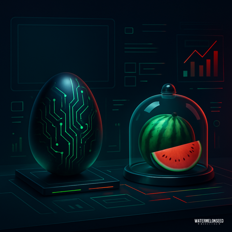 A digital art image of a black egg with green circuit patterns beside a watermelon slice under a glass dome, set against a background with virtual data graphics that hints at which marketing channels actually drive engagement.