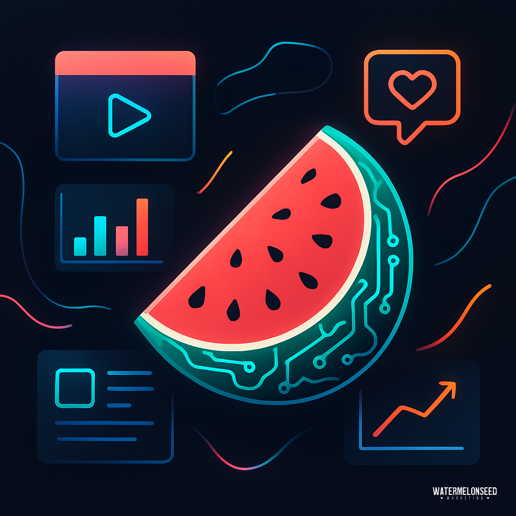 A stylized watermelon slice with circuit patterns is surrounded by digital media icons, graphs, and social media symbols, capturing the vibrant world of content marketing on a dark background.