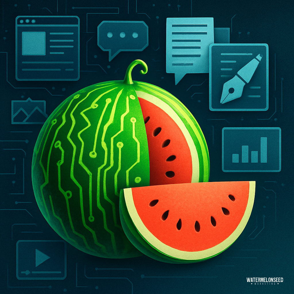 A watermelon with circuit-like patterns is shown, with digital icons for chat, graphs, and writing tools—symbolizing affordable content writing services—in the background. One watermelon slice is cut out and placed in front.