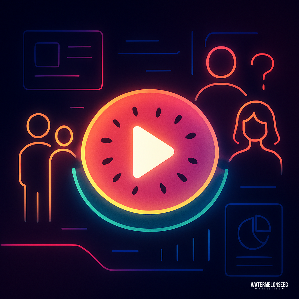 A neon-style illustration of a play button resembling a watermelon seed, surrounded by icons of people, charts, and profile forms against a dark background—perfect for visualizing Why Assisted Living Marketing matters.