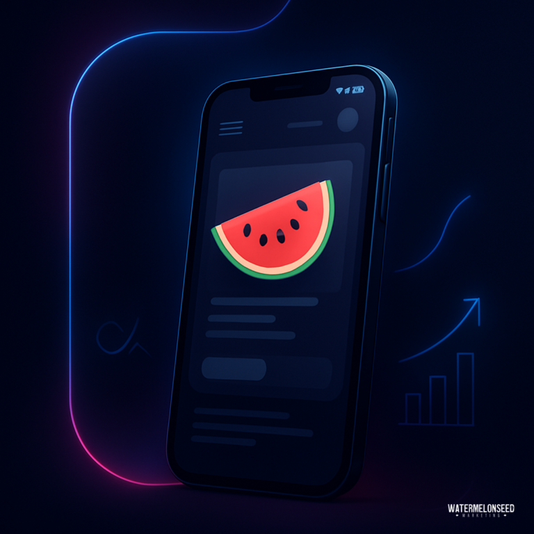 A smartphone displays a digital illustration of a watermelon slice on its screen, with abstract neon lines and chart icons in the dark background, highlighting the benefits of mobile website optimization.