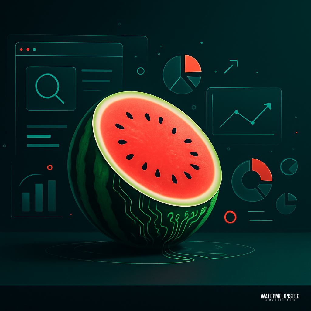 A watermelon with circuit-like patterns is placed in front of digital data charts and graphs, illustrating why ranking 1 on tech-driven agriculture trends matters for advanced data analysis and technology integration in farming.