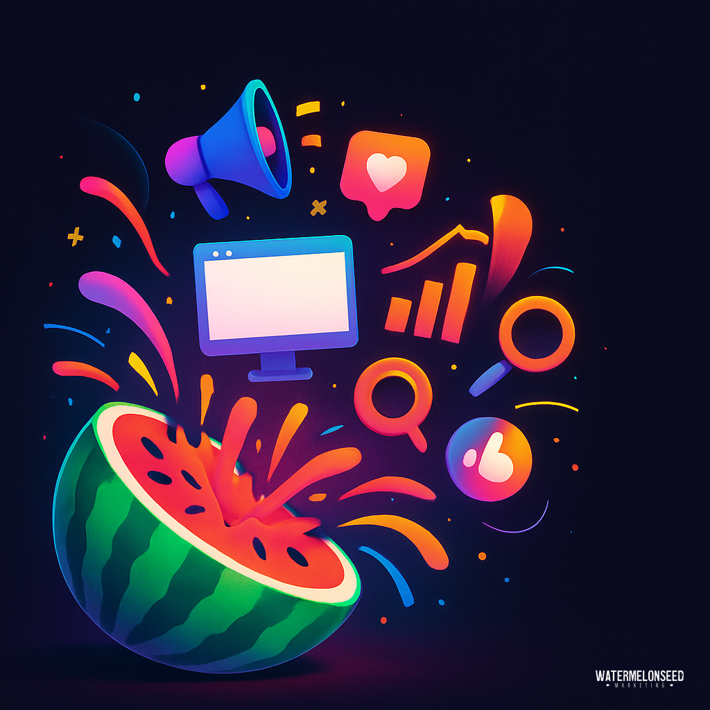 A digitally illustrated watermelon explodes with colorful marketing icons, including a computer monitor, megaphone, graphs, magnifying glasses, and referral marketing symbols against a dark background.