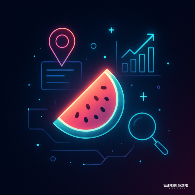 A neon-style illustration of a watermelon slice surrounded by icons, including a location pin, chart representing local SEO rankings, and magnifying glass, on a dark background.