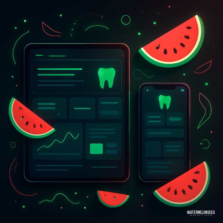 Digital tablet and smartphone displaying dental health dashboards, surrounded by watermelon slices against a dark background—showcasing why your dental practice should embrace digital innovation.