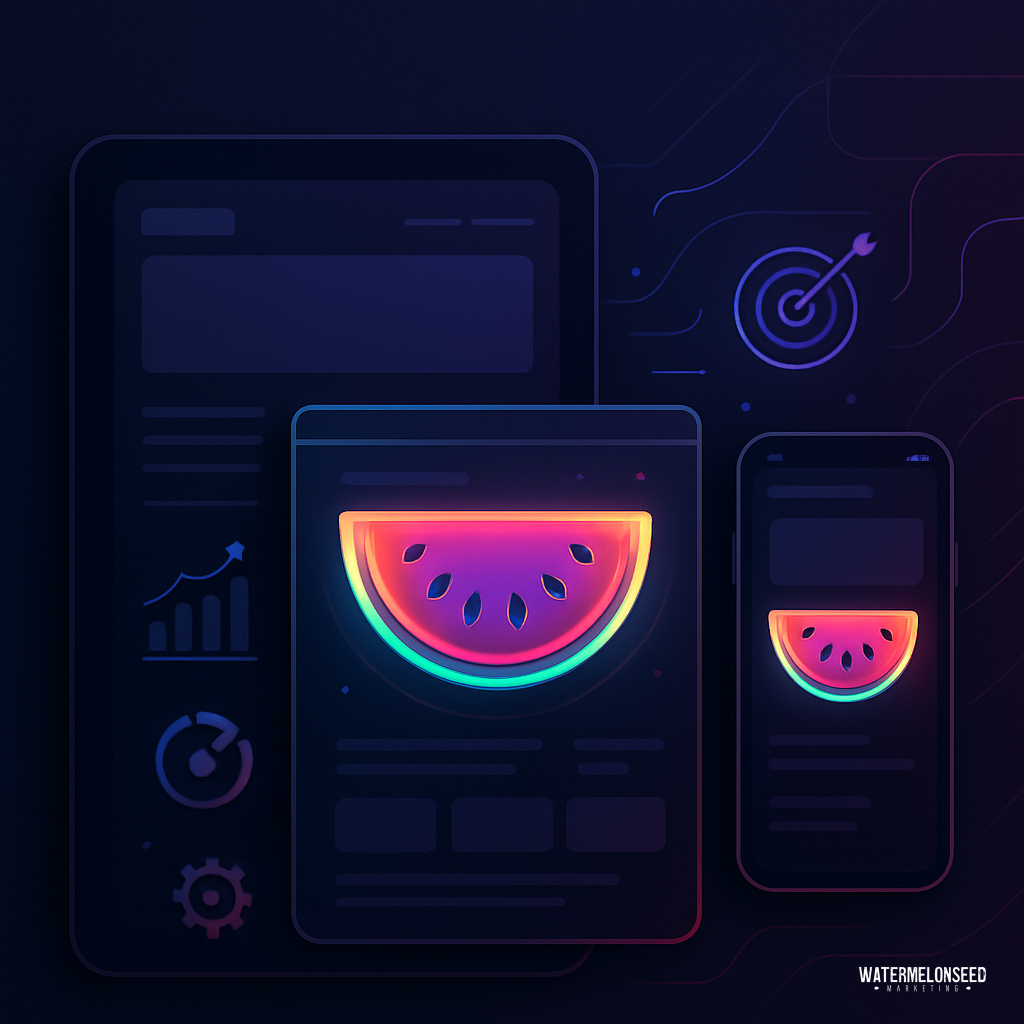 Neon illustration of a watermelon slice displayed on a tablet, phone, and monitor, surrounded by graphic icons representing data, charts, and a target—perfect for showcasing website conversion optimization.