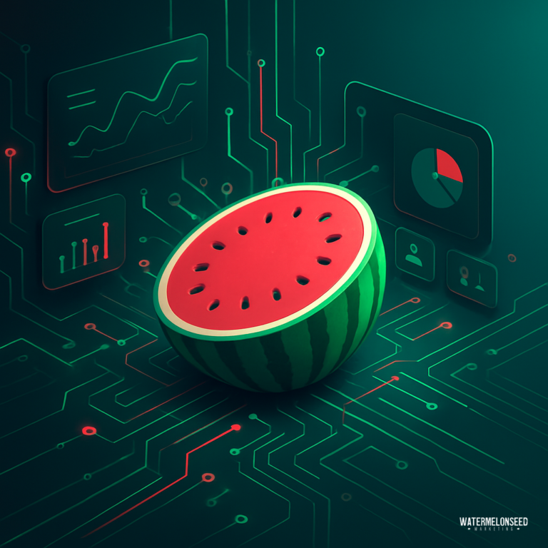 A watermelon half sits on a digital circuit board with data charts and graphs in the background, suggesting your website might be as fresh and dynamic as the scene depicted.