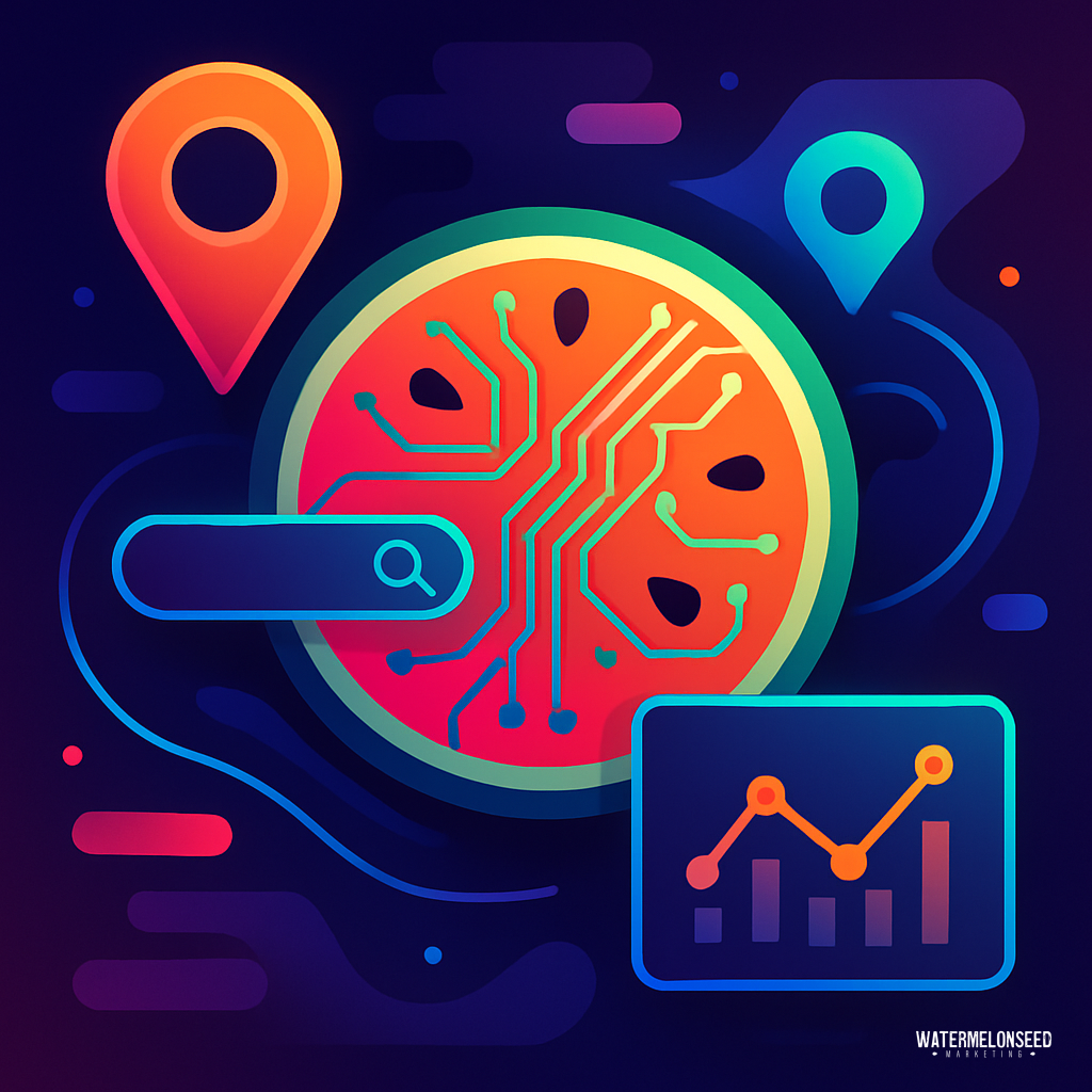 Abstract illustration featuring a citrus fruit with circuit lines, a search bar, location pins, and a bar graph, symbolizing data analytics and technology integration—highlighting the importance of avoiding local SEO mistakes for dentists in today's digital landscape.
